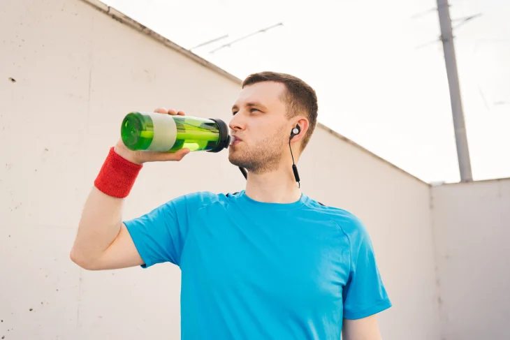 joven deportista escuchando música mientras toma su bebida energizante que provoca un desgastamiento en el esmalte de los dientes
