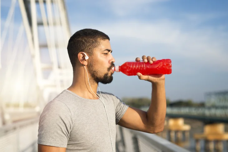 hombre joven bebiendo una bebida energética que desgasta el esmalte dental luego de correr por la ciudad durante el día